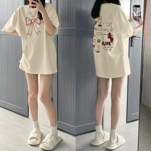Pure Cotton Heavyweight Short Sleeve T-Shirt Women Summer New round Neck Butterfly Knot Print Loose Half Sleeve Top
