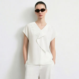 AMII | Elegant Office Style V-Neck Ruffled Lace Blouse