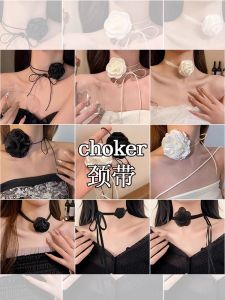 สีดำ ดอกคามีเลีย สร้อยคอเค้นคอดอกไม้กุหลาบ ผู้หญิง เครื่องประดับแฟชั่นเครื่องประดับ หวาน วงกลมคอโซ่ล็อคสไตล์เท่