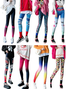 Spring and Autumn Thin Leggings Womens Outwear Print Leopard Print Color Graffiti Flower Pants Trendy High Waist Stretch Tights