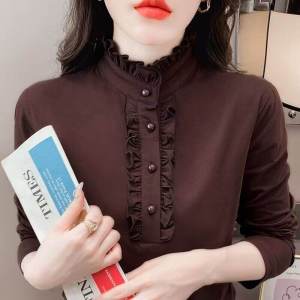 คาราเมลไฮเอนด์ บุด้วยผ้าฟลีซ แขนยาว เสื้อชั้นใน Mommy อุ่น มีสไตล์ ฤดูใบไม้ร่วง ฤดูหนาว เสื้อยืดปุ่มสไตล์ใหม่ ปกตั้ง