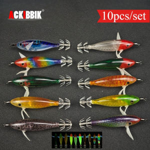 Ackibbik 10pcs/set 8cm/ 5.7g Shrimp Fishing Lures Luminous Squid Jig Hook Sea Fishing Accessories Artificial Bait Octopus Lure
