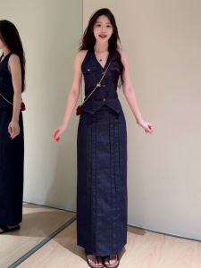 Retro Hong Kong Style Blue Denim Set Womens High Waist Mini Skirt And Top Two-Piece Outfit V-Neck Button Closure Casual Fashion