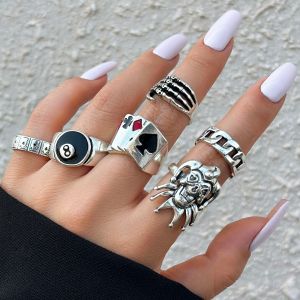 Bộ Nhẫn Hip Hop Hình Đầu Lâu Móng Vuốt Ma Quái Hề Dành Cho Nữ Nam Thiết Kế Hình Học Rỗng Phong Cách Punk Chất Liệu Hợp Kim Kẽm Size 8 Phụ Kiện Steampunk