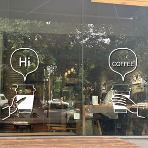 Modern Minimalist Handheld Coffee Cup Cat Cartoon Pattern Window Display Decorative Stickers Restaurant Glass Door Collision Prevention