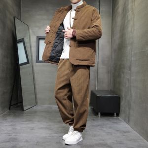 Retro Corduroy Mens Winter Warm Cotton Jacket Set New Chinese Style plus Size Two-Piece Set Thickened Cotton Inner Liner