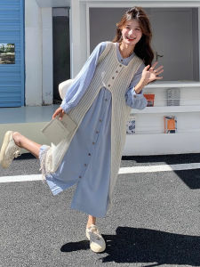 Blue Shirt Dress Two-Piece Set Womens Fashion Korean Style Sweet Fresh A-Line Hollow out Oversized Tassel Trim Cover up Skirt