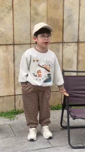 Set bộ nỉ dài tay họa tiết hoạt hình Clever kèm quần dài kẻ ngang bé trai 9 tới 28kg BERNIE H0725B20