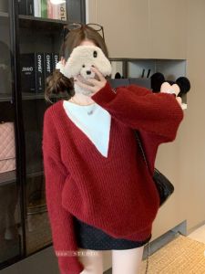 GUZILIAN | Autumn Winter Loose Fit Round Neck Long Sleeve Knitwear Women Casual Style Fake Two-Piece Patchwork Slimming Versatile Sweater