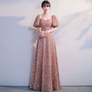 Elegant Champagne Color Sequin Evening Dress Womens Hostess Ball Gown A-Line Skirt Short Sleeve Long Dress for Party Wedding