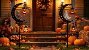 Solar Halloween Stake Light Skull Ghost Moon Pumpkin Garden Lawn Pathway Yard Outdoor Decor Metal Warm