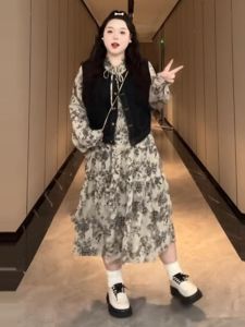 plus Size New Chinese Style Dress Set Autumn Winter Slimming Gentle Wind Denim Vest Skirt Two Piece Set Womens Fashion Dress