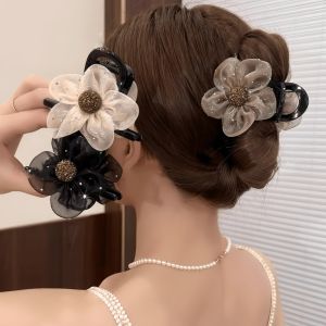 2025 New Fashion Diamond Flower Hair Clip Womens Elegant Back of Head Shark Clip Korean Style Mesh Sunflower Grab Clip Hair Accessories