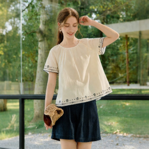 INMAN | French Heavy Embroidery Womens Cotton Short Sleeve Shirt