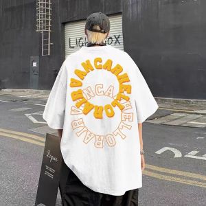 Nguyên Chất 100% Cotton Nặng Áo Thun Nữ Tay Ngắn Dành Cho Nam Và Nữ Mỹ Dáng Rộng Mùa Hè Cam 2 Vòng Tròn Tay Lửng Thanh Niên Hợp Thời Trang Nam Quần Áo