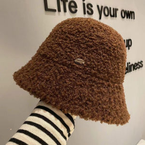 Korean Style Warm Furry Womens Fishing Cap Bucket Hat Vintage Casual Face Slimming Wide Brim round Top Travel Hat