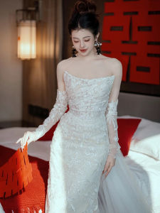 Classy Lace Fishtail Light Wedding Dress Bride Tube Top off-Shoulder Slimming Wedding Veil Super Mori Long Trailing Dress