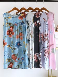 Ultra-Thin Summer Cotton Silk Sleep Dress round Neck Sleeveless Artificial Cotton Cool Silk Floral Countryside Strap Dress plus Size