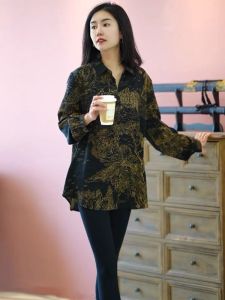 Retro Print ลำลอง เสื้อเชิ้ต ผู้หญิง ฤดูใบไม้ร่วง 2024 ทันสมัย หลากหลาย หลวม พรางหุ่น ยาวด้านบน แขนเสื้อ หม่อน ผ้าไหม 100% ชุดทํางาน