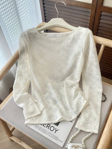 PAIBOLI | Chinese Style Bamboo Leaf Jacquard Round Neck White Long Sleeve T-shirt