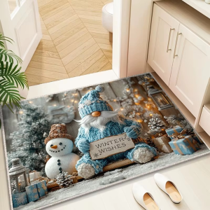 VIKAMA Winter Gnome Doormat Blue Santa Snowman Soft Printed Washable Mat for Entryway Indoor Xmas Home Decoration
