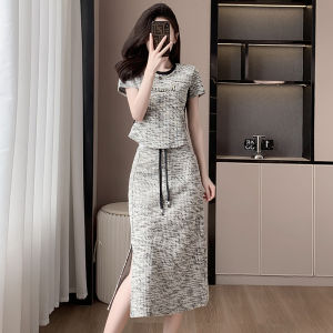 Summer Elegant Short Top High Waist Split Mini Skirt Two Piece Set Womens Fashion Style Perfume Wind High End Feeling