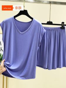 Summer Thin Modal Sleepwear Set Womens V-Neck Sleeveless Casual Home Clothes plus Size Pure Color T-Shirt Shorts Home Comfort