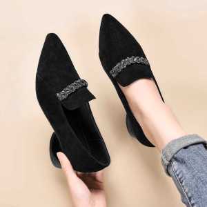 Comfortable Work Shoes Womens Velvet Surface Chunky Heel Single Shoes Anti-Slip Mom Shoes Spring 2025 Fashion Casual Diamond