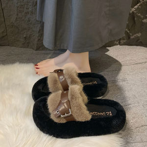 Thick Sole Fluffy Slippers Female 2024 New Arrival Winter Wear Fashion Velvet Padded Cotton Slippers Fancy Plaid Fluffy Shoes