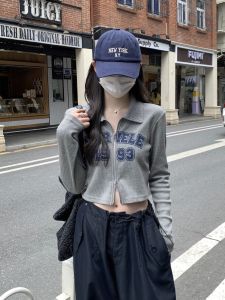 La Chapelle Grey Long Sleeve Polo Neck Printed T-Shirt Womens Slim Fit Shoulder Top Spring New Style Casual Pure Color Polyester Cotton Blend