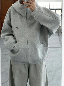 SJVK Mens Zipper Hooded High Collar Fleece Pullover Sweatshirt Grey Autumn Winter Casual Outerwear for Couples