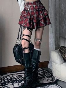 Váy Xếp Ly Kẻ Caro Punk Bé Gái Màu Đỏ Váy Ngắn Xếp Ly Phong Cách Đường Phố Váy Chữ a Cạp Cao Bằng Polyester Mùa Xuân