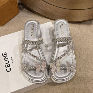 Karakum Butterfly Water Diamond Thick Heel Sandals Womens Summer Outdoor Wear Fashionable Two-Way Beach Slippers