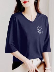 Ladies Pure Cotton Large Size Printed T-Shirt V-Neck Loose Seven-Quarter Sleeve Casual Top Comfortable Breathable Fashion