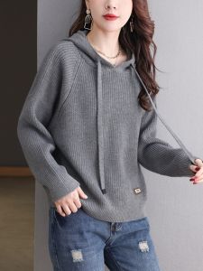 Ladies Short Knitted Hoodie Casual Base Shirt Autumn Winter New Style 2024 Trendy Pullover Long Sleeve Solid Color Commute
