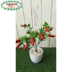 Tanaman Hias Artificial Cabai Merah Mini Pot Melamine Putih Pajangan Rumah Hiasan Meja
