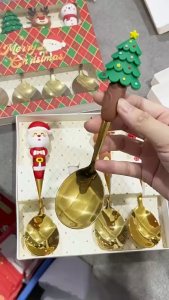 4Pcs Christmas Spoon Fork Set Coffee Spoon with Gift Box/Holiday Party Table Tableware/Gingerbread Man & Xmas Tree Santa Christmas Gifts