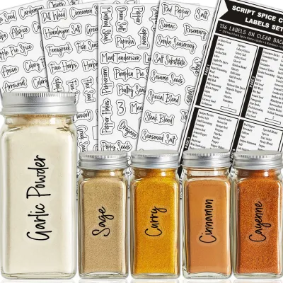 138pcs Waterproof Transparent Spice Jar LabelsSeasoning Bottle Stickers Food-Grade Paper Tags for Kitchen Organization Storage
