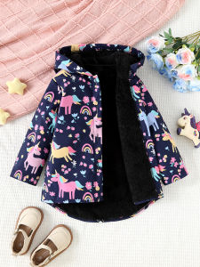 Autumn And Winter Girls Unicorn Flower Printed Jacket With Plush Insulation Long Sleeved Casual Hooded Jacket
