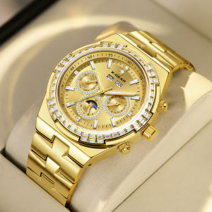 Đồng Hồ Đeo Tay Nam X-GEAR Cao Cấp Mạ Vàng Mặt Số Lớn Bằng Thép Không Gỉ Hiển Thị Tuần Và Tuần Trăng Phát Quang