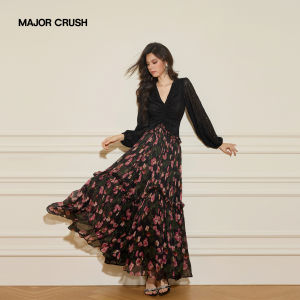French Lace Spliced and Crabapple Print Black Dress