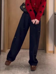 Elegant Embroidered Polka Dot Wide Leg Casual Pants for Women plus Size Fashionable Slimming High Waist Straight Tube Trousers