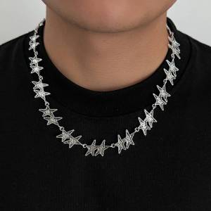 Salircon Punk Creative Five-Pointed Star Necklaces for Men Vintage Silver Color Adjustable Clavicle Chain Street Trend Jewelry