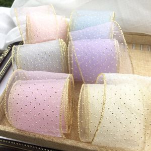 กว้าง 7 ซม.ริบบิ้นผ้ากอซสีบริสุทธิ์Golden DotDIY Handmade Bow Tie Hairpin วัสดุ ของขวัญดอกไม้ Bundle บรรจุภัณฑ์ตกแต่งลูกไม้