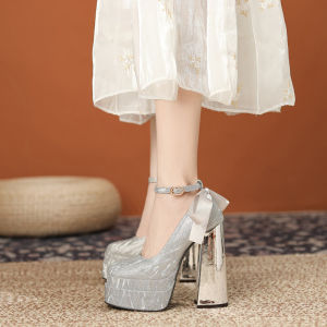 รองเท้าส้นสูงที่สวยงาม ผู้หญิง ส้นหนาแพลตฟอร์มกันน้ําคริสตัลสีเงินรองเท้าแต่งงานกับปมผีเสื้อแมรี่เจนส์รองเท้าเดียว