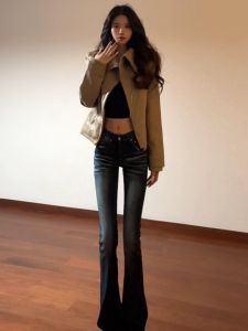 Extended Length American Retro High Waist Bell Bottom Jeans Womens Slim Fit High Elasticity Blue Denim Spring Autumn Ladies