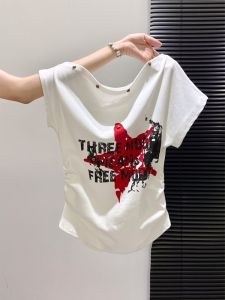 LUOSHAO | Slim Fit Shoulder Off Letter Printed Tshirt