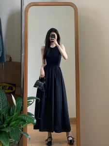 ชุดเดรสแขนกุดคอตั้งเอวสูงทรงเอเอวสูงสไตล์ฮิปซีฤดูร้อนสำหรับผู้หญิง ชุดเดรสสีดำสไตล์ฮิปซี ชุดเดรสยาวคลุมเข่า