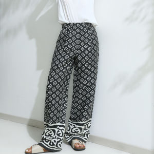 Miccbeirn | Vintage Pure Hanflax Wide Leg Pants Straight Cut Printed Drooping Waist High Waist Slimming Long Casual Trousers