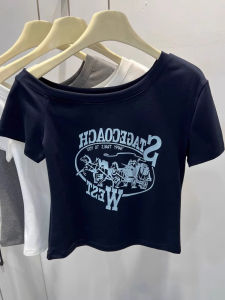 เสื้อยืดคอกลมแขนสั้นสไตล์อเมริกันสำหรับผู้หญิง ฤดูร้อน 2025 ใหม่ ลายพิมพ์ตัวอักษร แขนสั้น ทรงสลิมฟิต ผ้าฝ้ายแท้